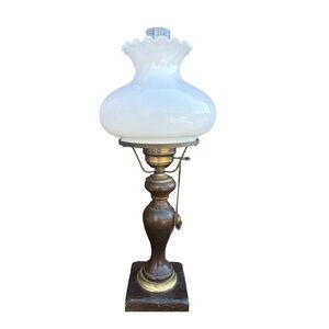 Victorian White Milk Glass Shade Wood Base Table Lamp